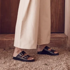 EOS Footwear Ballet Flats & Loafer|Slides>FLOREN LEATHER SLIDE SANDALS Black